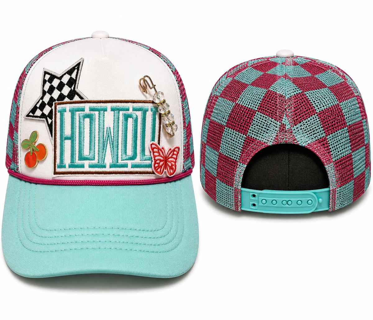 Howdy Trucker Hat | Turquoise Western Charm Snapback with Checkered Mesh