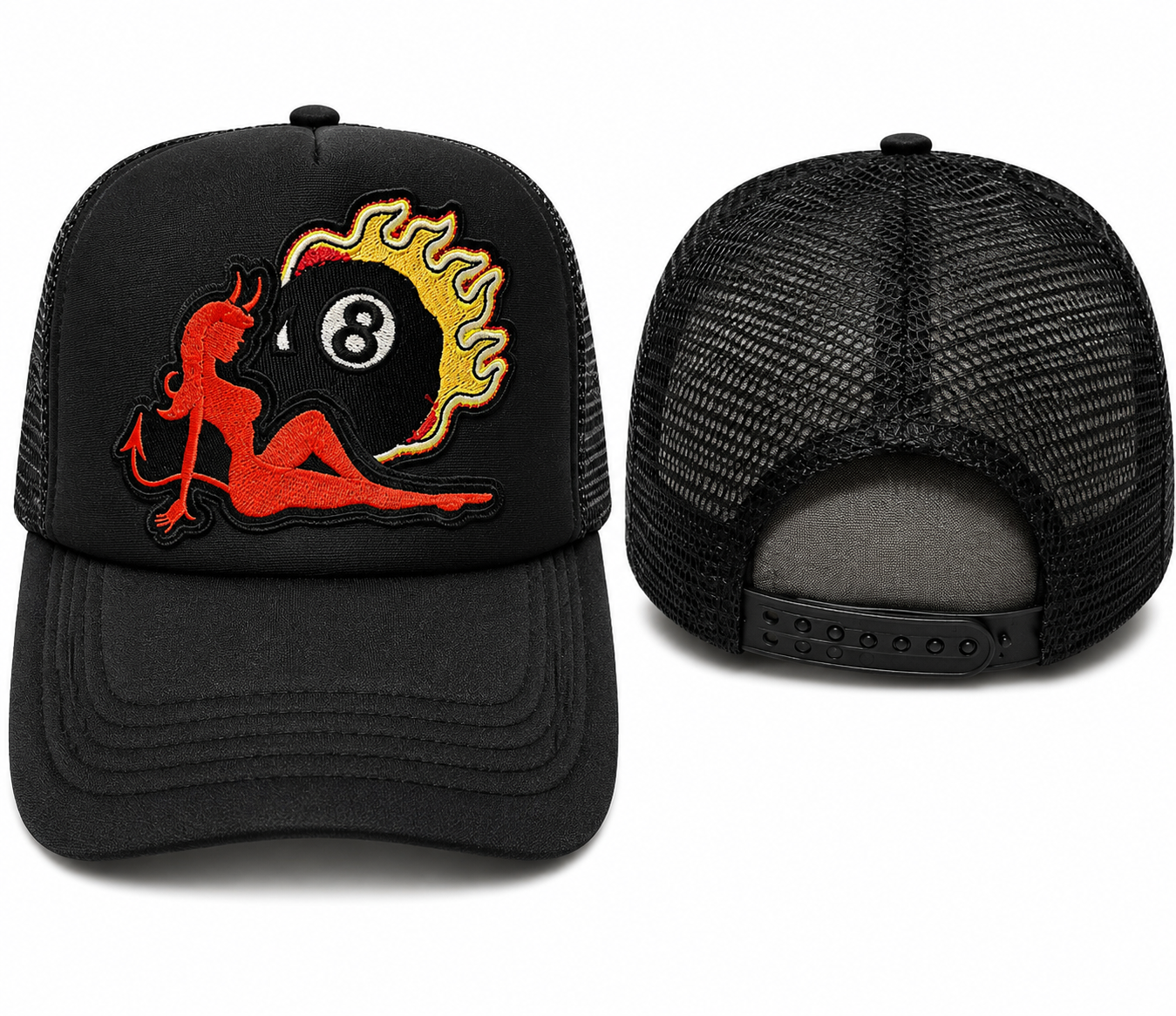 Lucky 8 Devil Trucker Hat | Black Retro Embroidered Snapback Cap