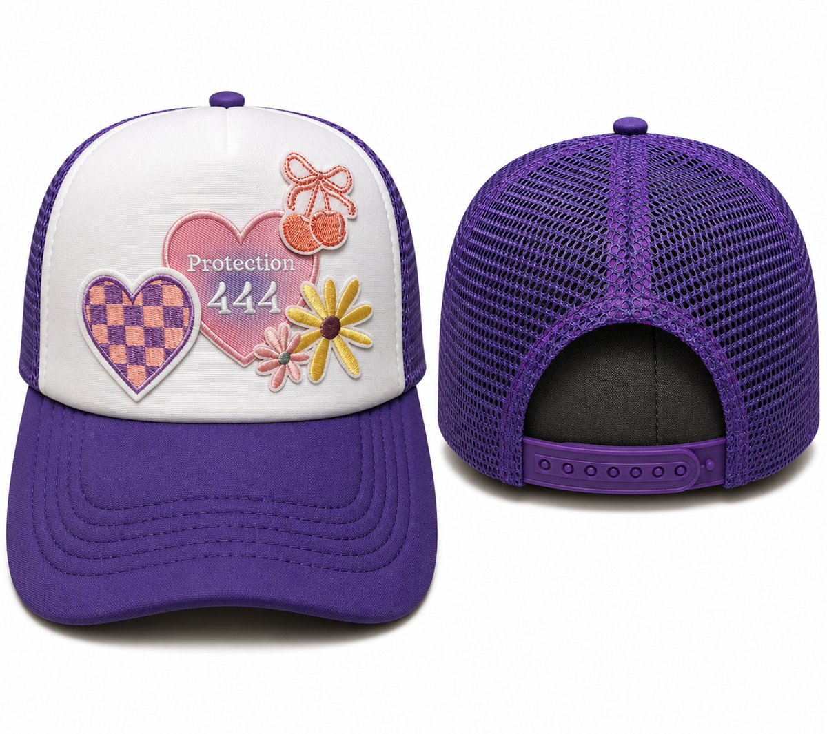 Protection 444 Trucker Hat | Purple Coquette Patchwork Snapback Cap