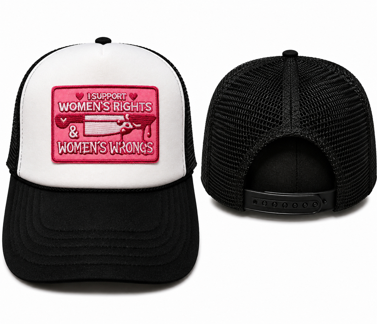 I Support Women’s Rights & Women’s Wrongs Trucker Hat | Black & White Graphic Snapback