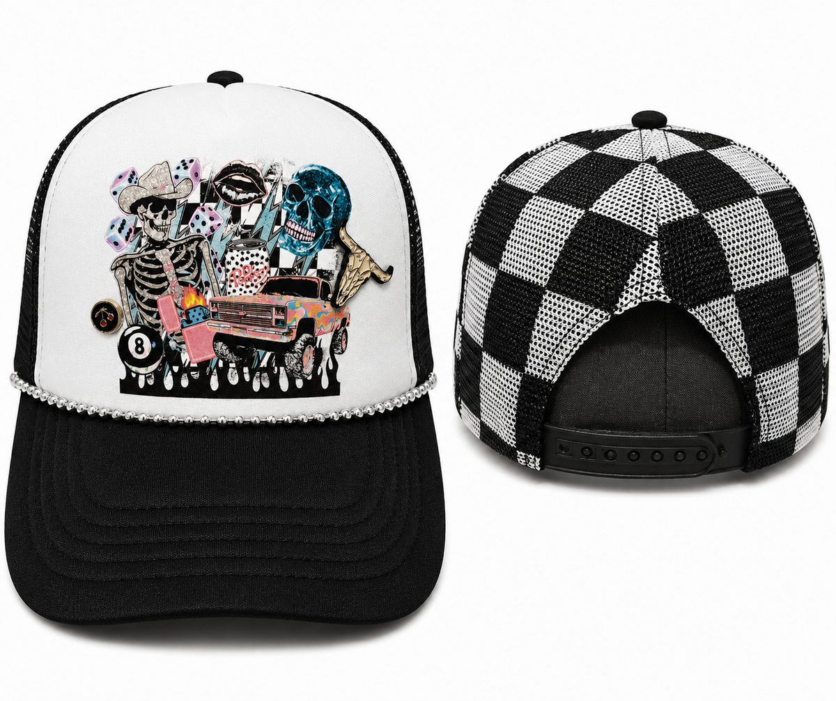Retro Western Skeleton Trucker Hat | Checkered Snapback with DTF Transfer & Hat Chain