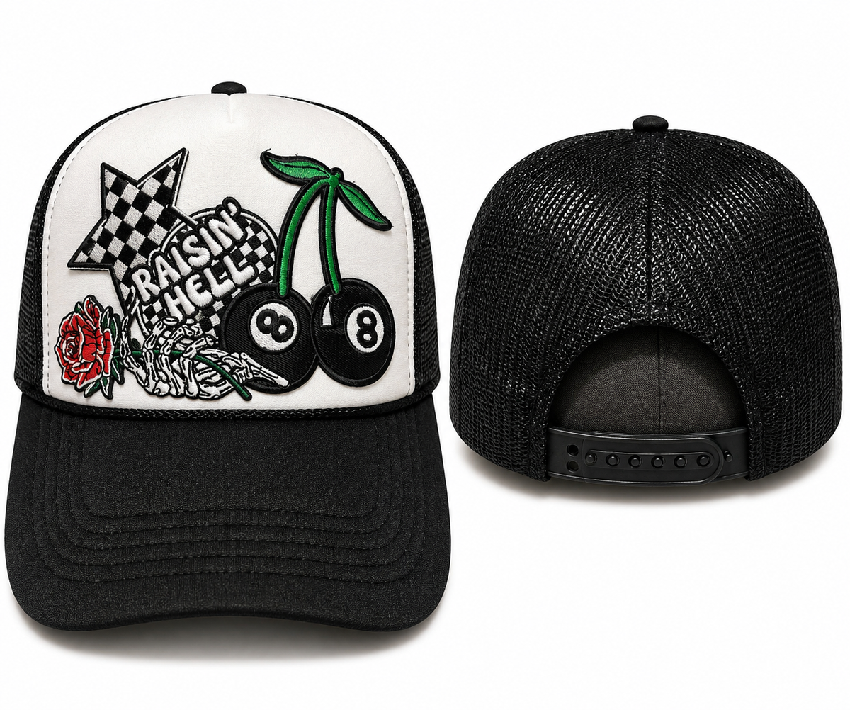Raisin Hell Trucker Hat | Black Western Patchwork Snapback Cap