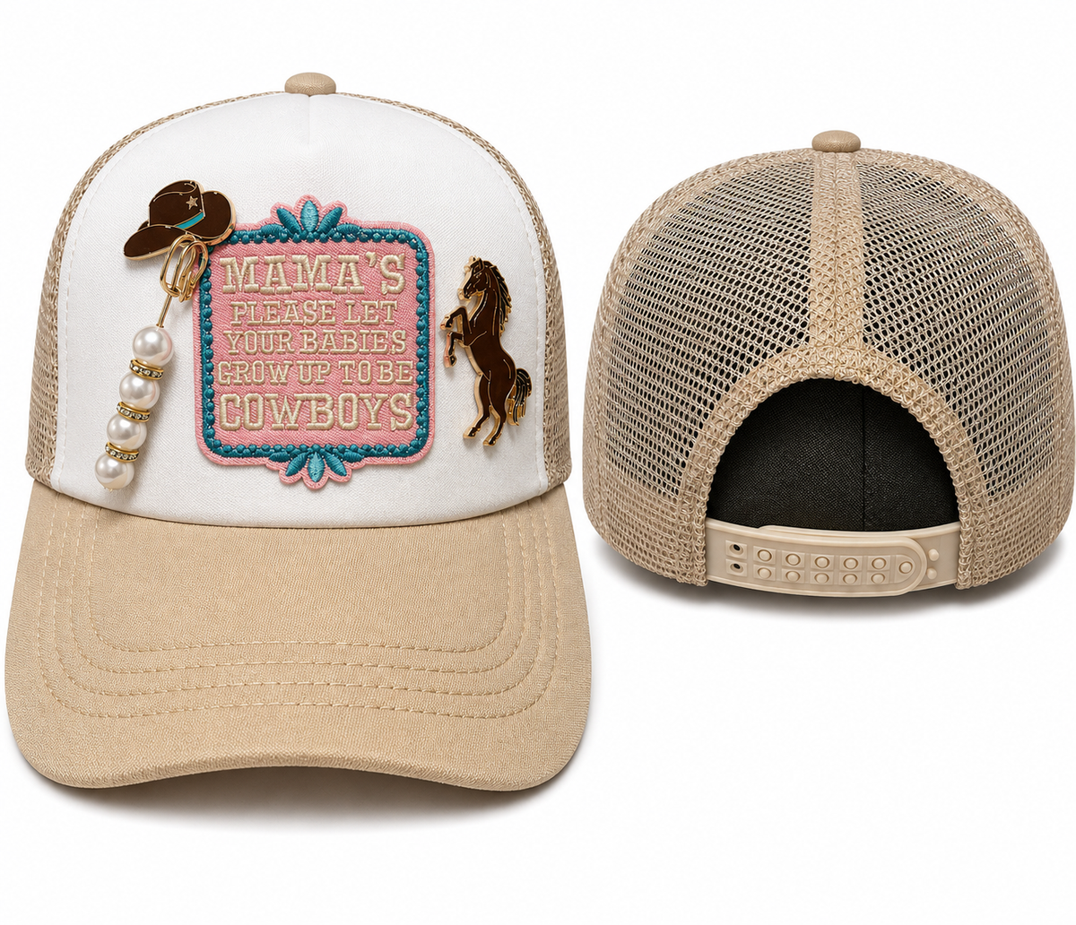 Mama’s Let Your Babies Grow Up To Be Cowboys Trucker Hat | Western Charm Snapback with Pearl Accents