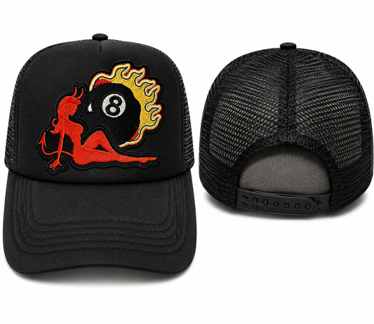 Lucky 8 Devil Trucker Hat | Black Retro Embroidered Snapback Cap