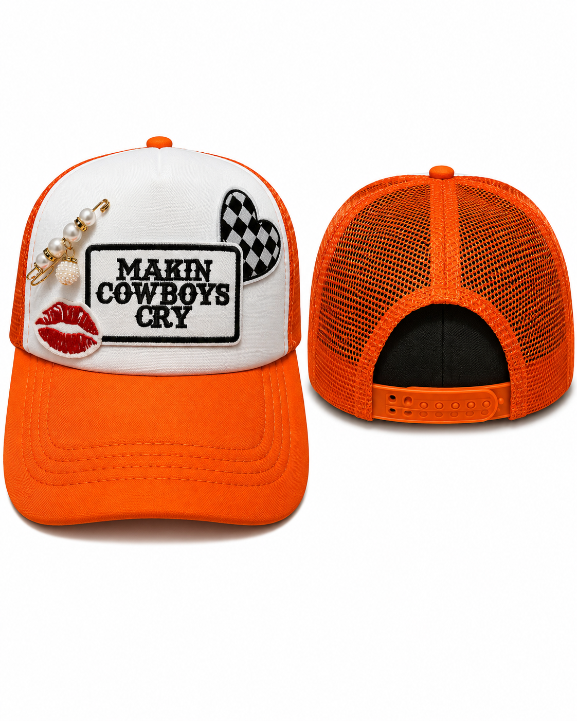 Makin’ Cowboys Cry Trucker Hat | Orange Western Patch Hat with Charms