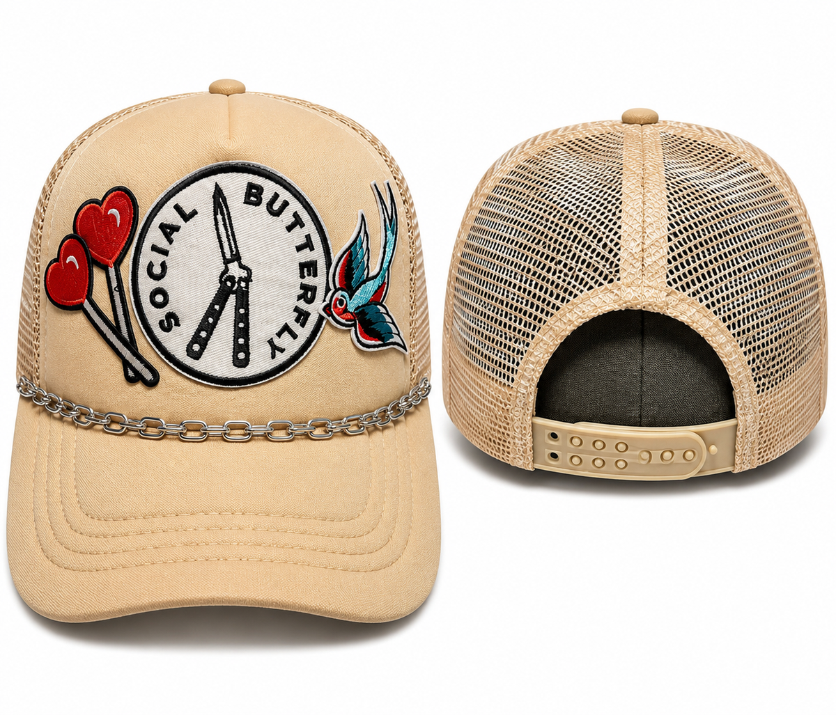 Social Butterfly Trucker Hat | Neutral Vintage Snapback with Chain Accent