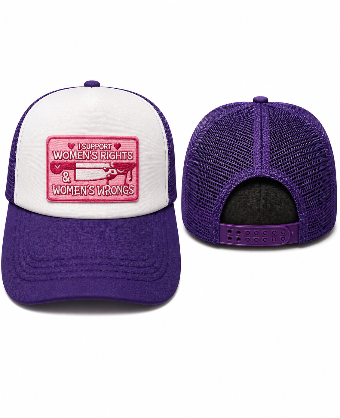 I Support Women’s Rights & Women’s Wrongs Trucker Hat | Purple Graphic Hat