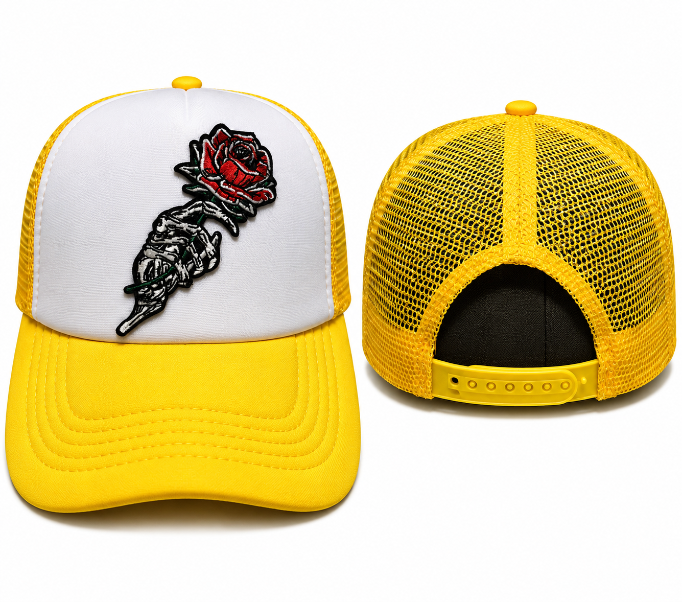 Skeleton Rose Trucker Hat | Yellow Gothic Floral Snapback Cap