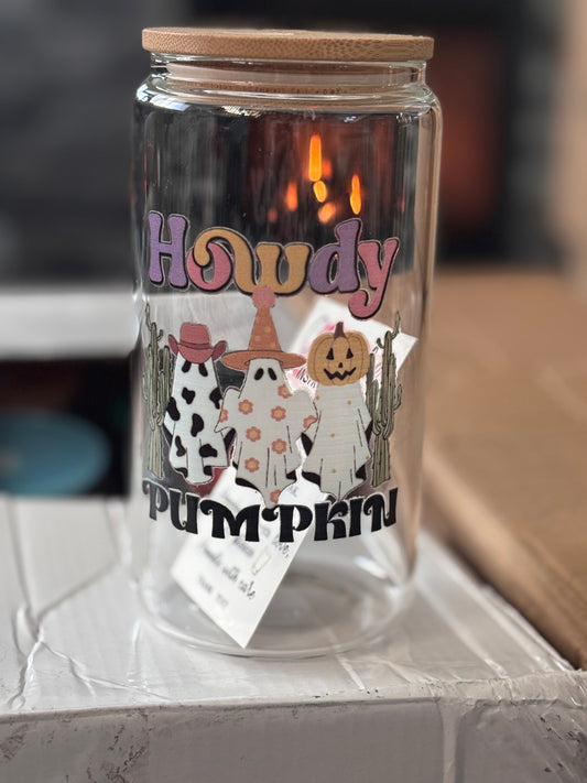 Howdy Pumpkin Glass Cup