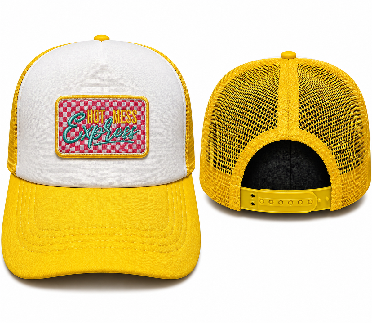 Hot Mess Express Trucker Hat | Yellow Retro Patch Snapback Cap