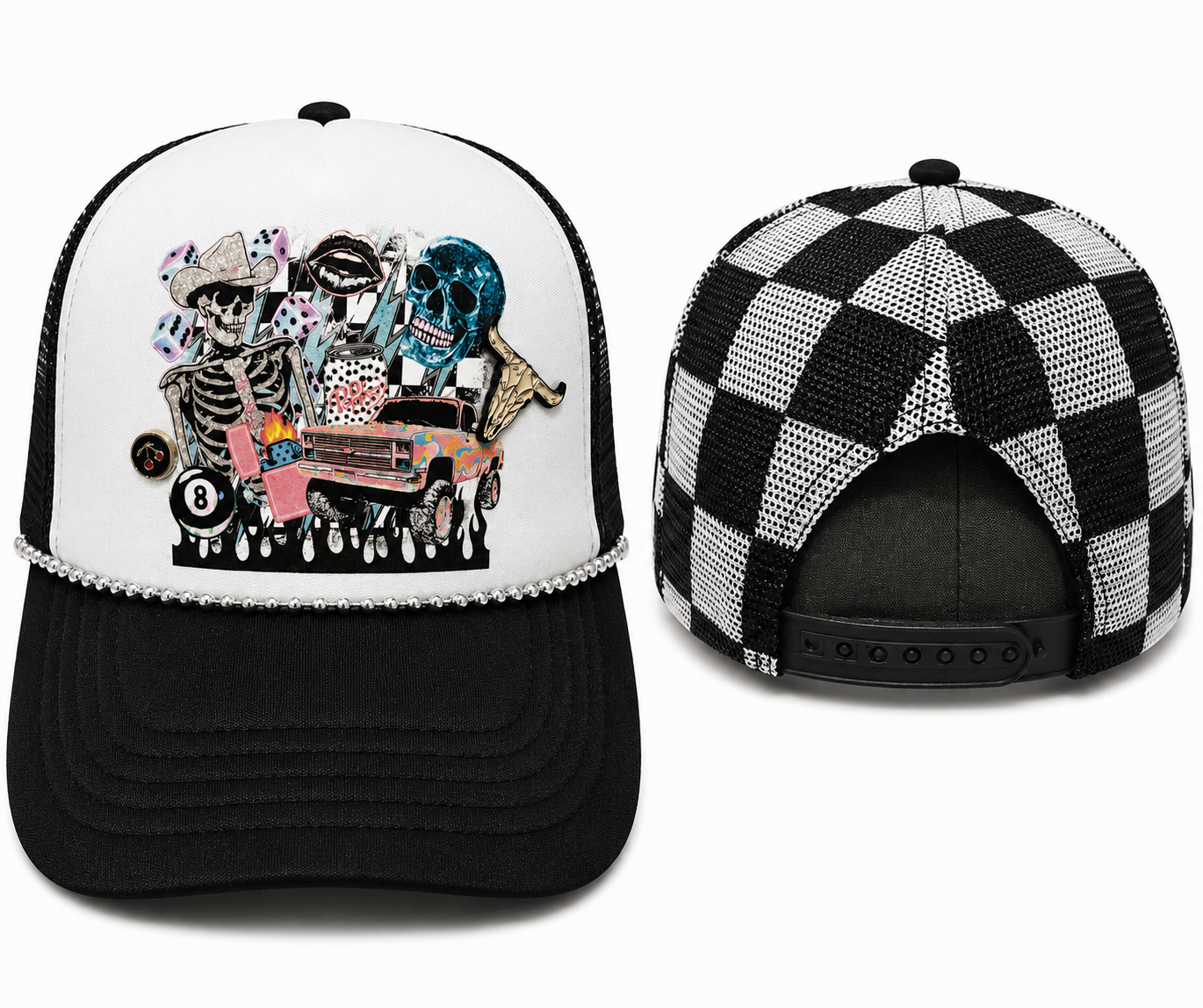 Retro Western Skeleton Trucker Hat | Checkered Snapback with DTF Transfer & Hat Chain