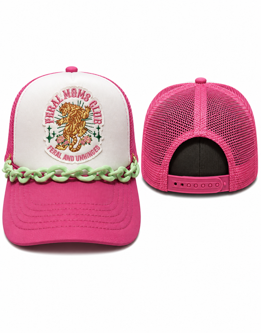 Feral Moms Club Trucker Hat | Pink Statement Hat with Mint Chain Accent
