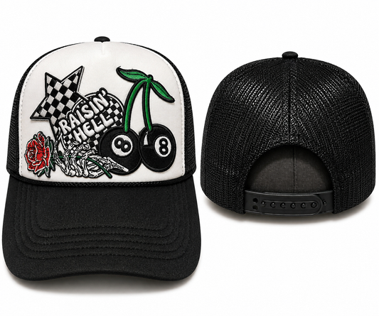 Raisin Hell Trucker Hat | Black Western Patchwork Snapback Cap